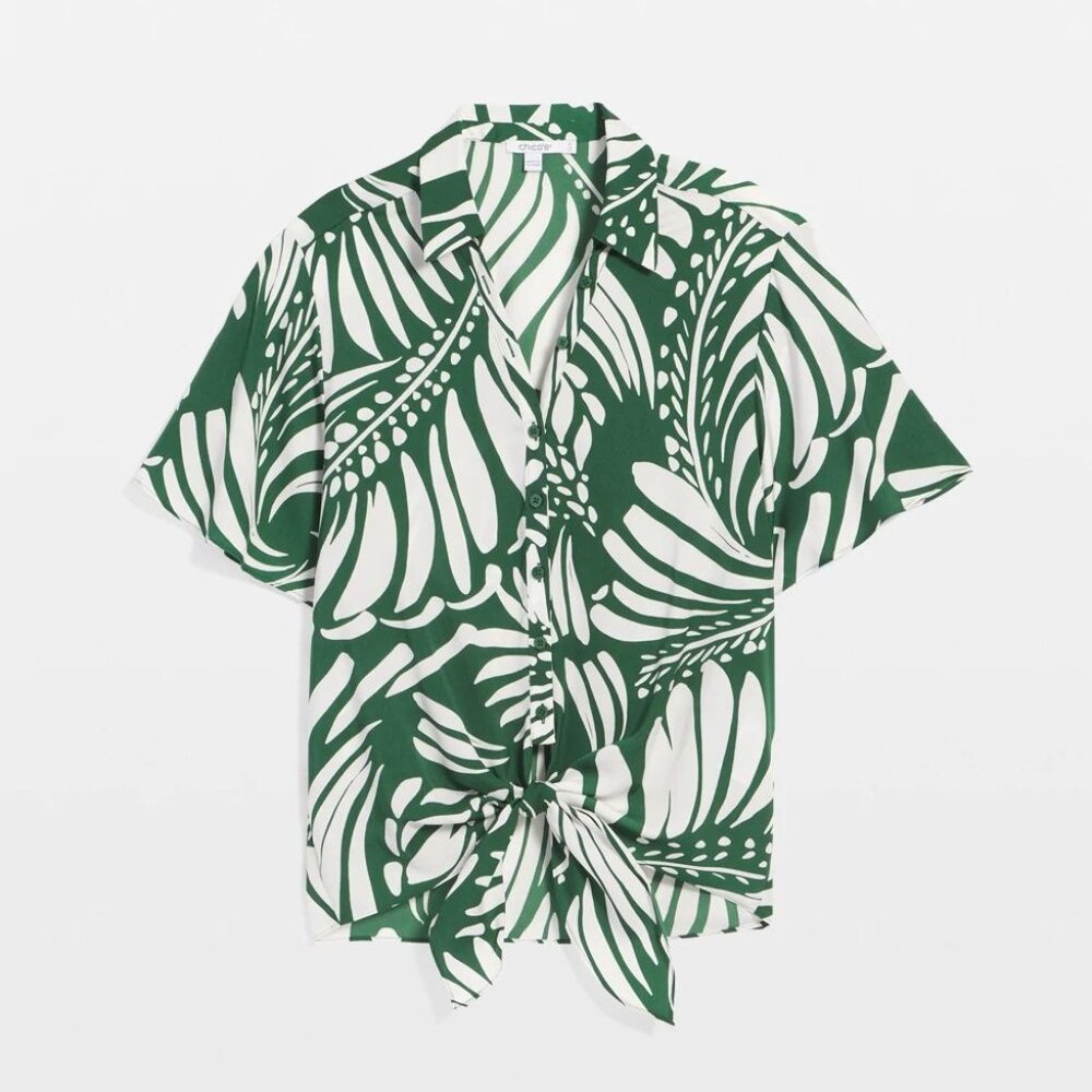 Palm Print Tie-Front Silky Top - Picture 2 of 4